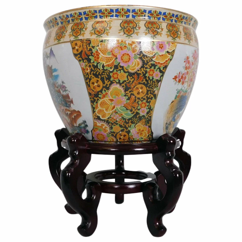 Oriental Furnishings Chinese Porcelain Fish Bowl Planter, Satsuma Peacocks, 12" - Image 5