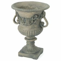 GDFStudio GDF Studio Bunny Vista Outdoor Light Weight Cast Stone Urn, Antique Gray