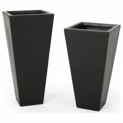 GDFStudio Ephraim Outdoor Medium And Small Cast Stone Planter Set, Matte Black