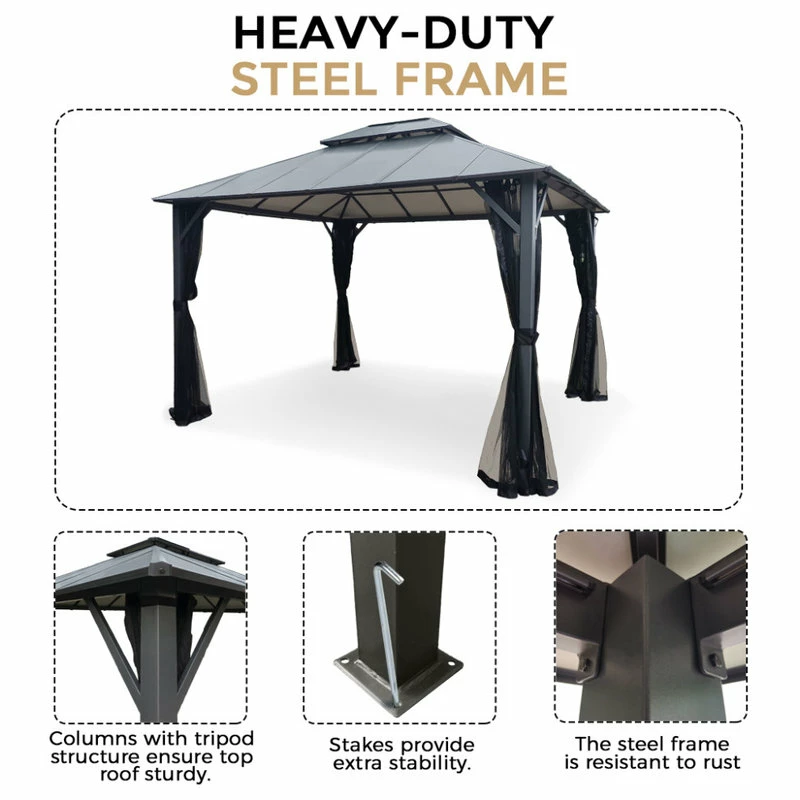 HIO 12 Ft. X 10 Ft. Outdoor Patio Gazebo With Double Roof And Netting - Image 4