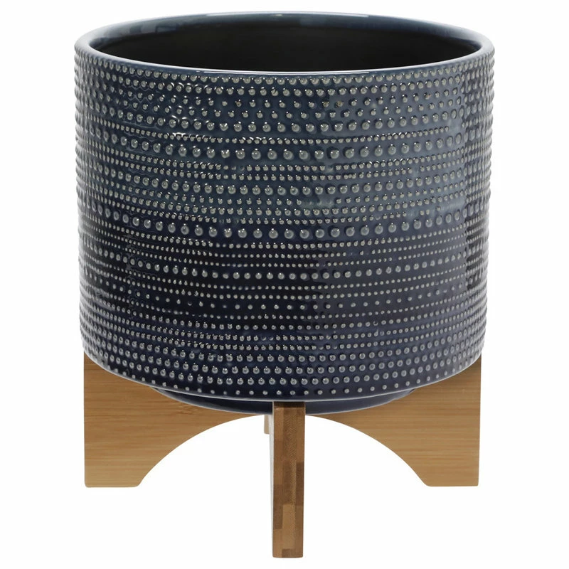 Sagebrook Home 8" Dotted Planter With Wood Stand, Blue - Image 2