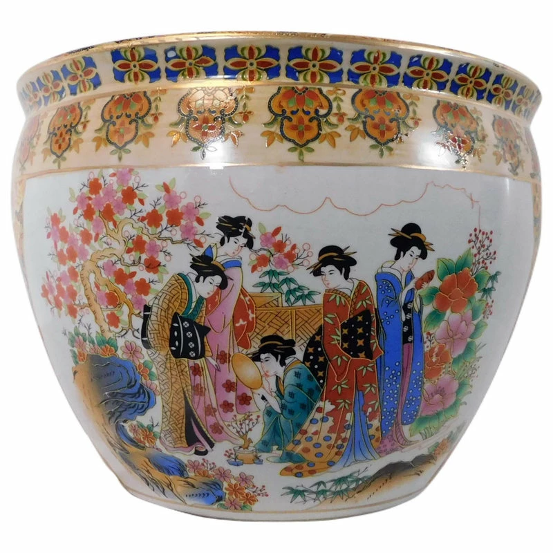 Oriental Furnishings Chinese Porcelain Fish Bowl Planter, Satsuma Geishas, 14" 3 Oriental Furnishings Chinese Porcelain Fish Bowl Planter, Satsuma Geishas, 14"