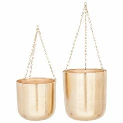 CosmoLiving By Cosmopolitan Large, Round Metallic Gold Metal Hanging Indoor & Outdoor Planters, Set Of 2