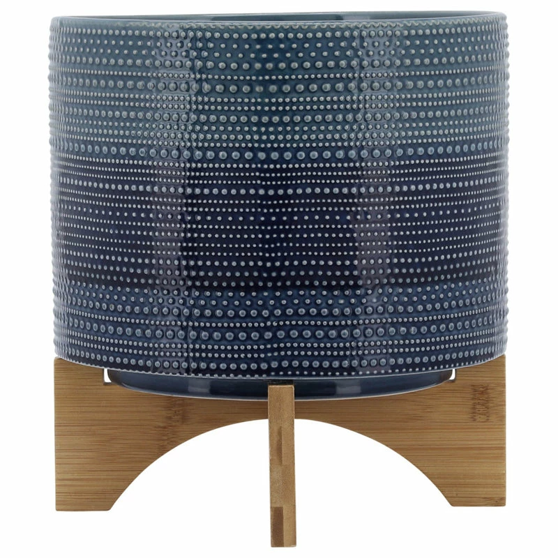Sagebrook Home 11" Dotted Planter With Wood Stand, Blue - Image 2