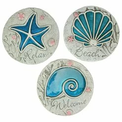 Zeckos 3 Piece Blue Seashell Beach Design Cement Wall Hanging Set