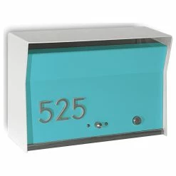 TedStuff RetroBox Locking Modern Wall Mounted Mailbox, In Arctic White & Aqua