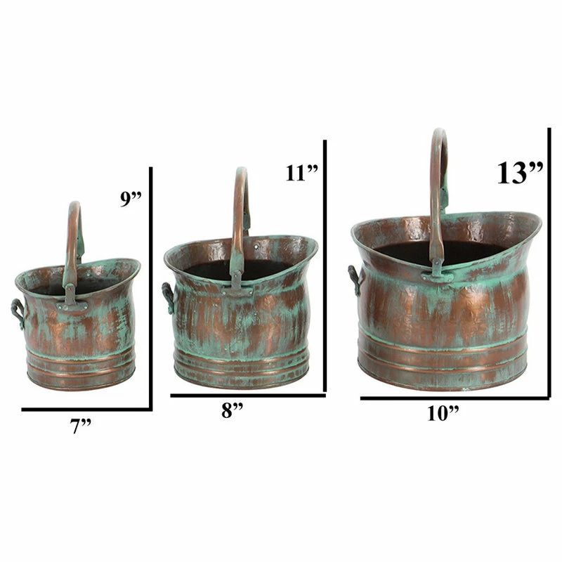 Benzara, Woodland Imprts, The Urban Port Green Tinged Metal Bucket Planter With Handles, 3-Piece Set - Image 3