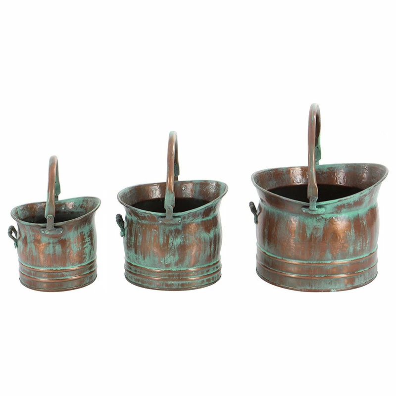 Benzara, Woodland Imprts, The Urban Port Green Tinged Metal Bucket Planter With Handles, 3-Piece Set - Image 2