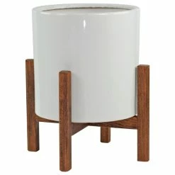 UPshining Extra Large Ceramic Planter 13'' White With Plant Stand Walnut Color