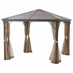 GDFStudio GDF Studio Bali Outdoor 10'x10' Aluminum Framed Gazebo With Curtains, Brown/Blac