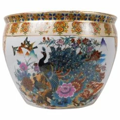 Oriental Furnishings Chinese Porcelain Fish Bowl Planter, Satsuma Peacocks, 12"