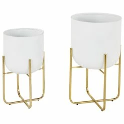 Brimfield & May Contemporary Style Large Round Metallic Metal Planters In Stands, Set Of 2