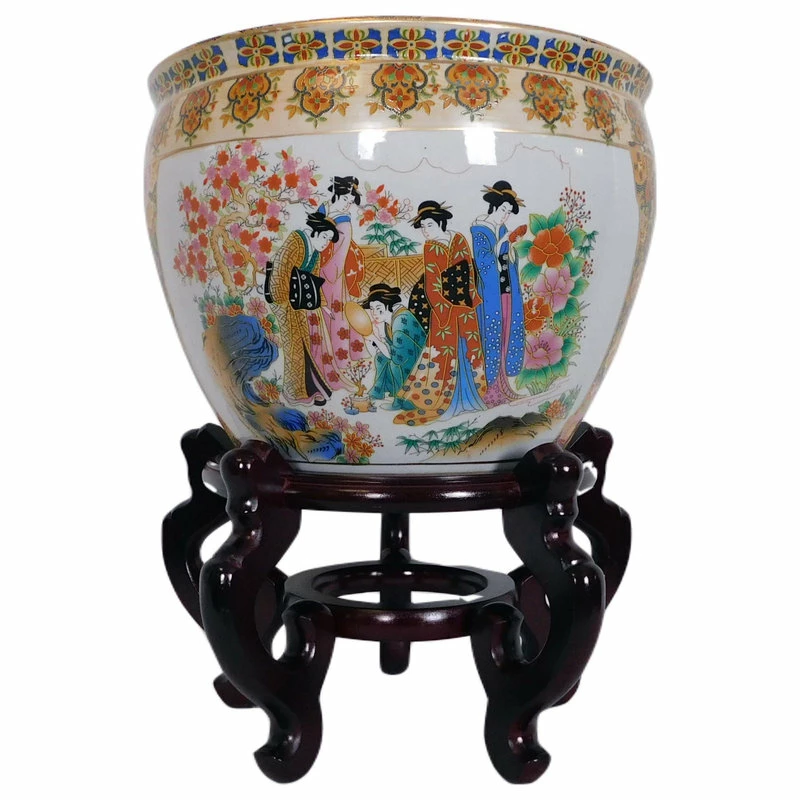 Oriental Furnishings Chinese Porcelain Fish Bowl Planter, Satsuma Geishas, 14" 7 Oriental Furnishings Chinese Porcelain Fish Bowl Planter, Satsuma Geishas, 14" - Image 5