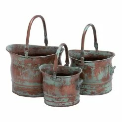 Benzara, Woodland Imprts, The Urban Port Green Tinged Metal Bucket Planter With Handles With Set Of 3