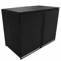 Vida XL International B.V. VidaXL Double Wheelie Bin Shed Poly Rattan Wicker Black Garden Dustbin Storage