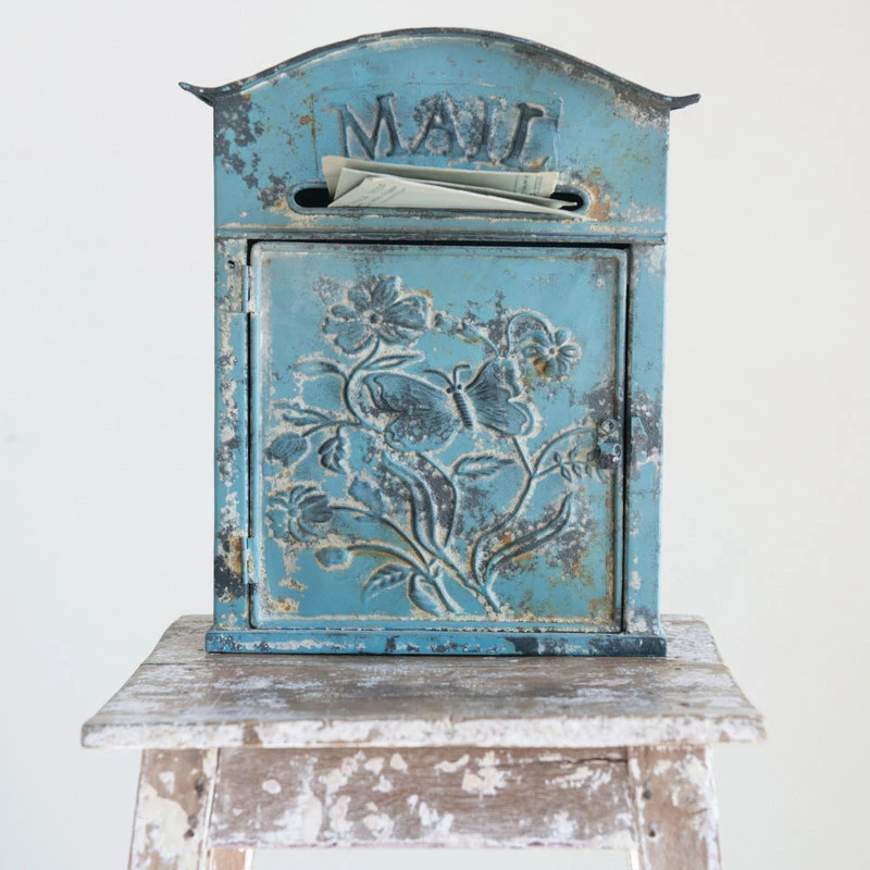CREATIVE CO-OP Embossed Tin Post Box, Distressed Finish, Blue - Image 2