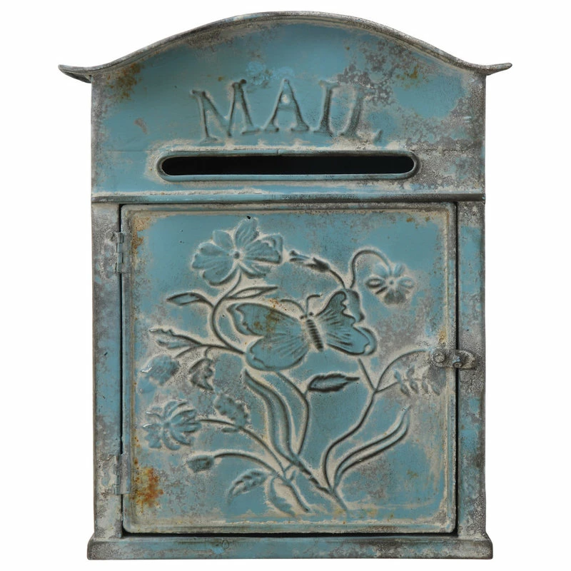 CREATIVE CO-OP Embossed Tin Post Box, Distressed Finish, Blue