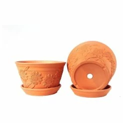 Goodmanandwife Raised Sunflower Embellished Natural Terracotta Garden Pot With Tray, Set Of 2