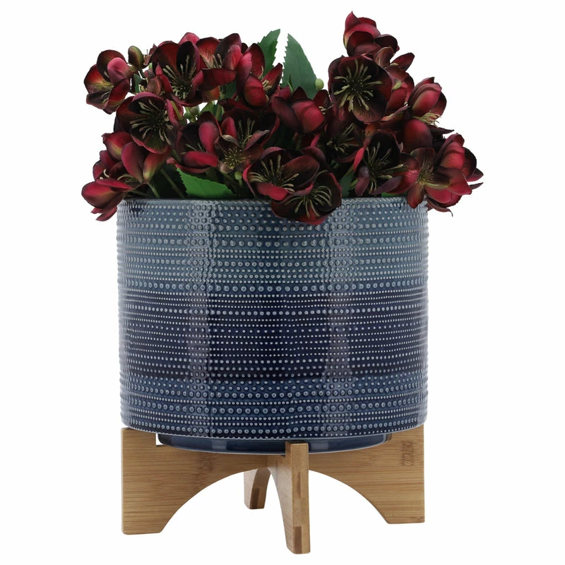 Sagebrook Home 11" Dotted Planter With Wood Stand, Blue - Image 3