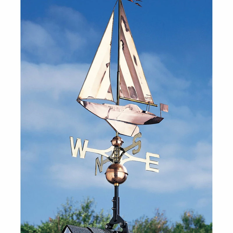 Whitehall Products 19"L X 4"W X 49"H Copper Sailboat Classic Directions Weathervane, Polished - Image 2