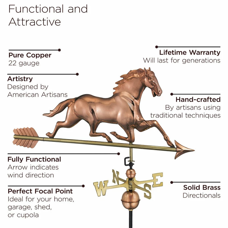 Good Directions, Inc. Horse Weathervane With Arrow, Pure Copper - Image 2