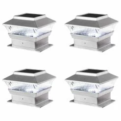 Glitzhome 5.75"L Solar Powered LED Fence Post Cap Light, Set Of 4, Silver