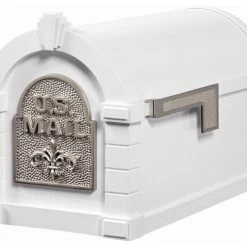 Gaines Keystone Series Curbside Mailbox, White And Satin Nickel, Fleur-De-Lis