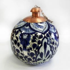 Tierra Fina Talavera Style Table Top Torch, Made In Mexico, Blue Monochrome