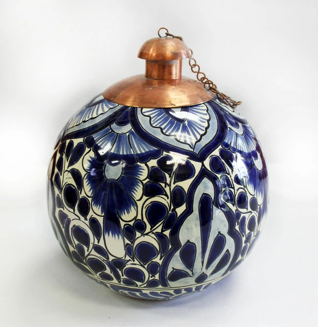 Tierra Fina Talavera Style Table Top Torch, Made In Mexico, Blue Monochrome 3 Tierra Fina Talavera Style Table Top Torch, Made In Mexico, Blue Monochrome