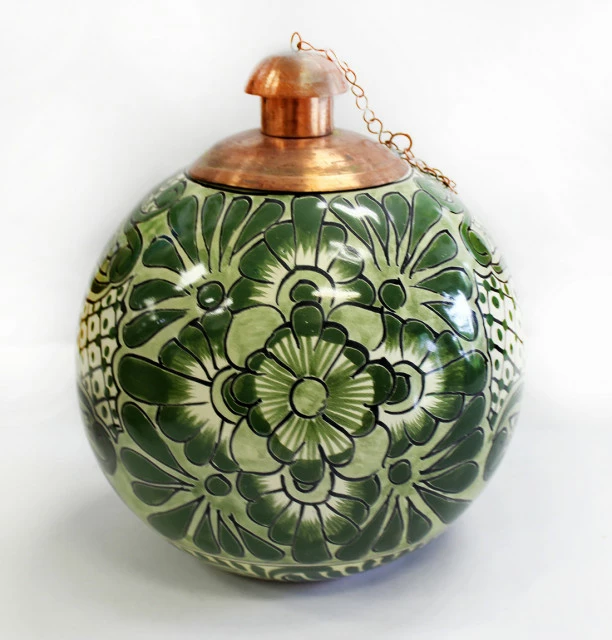 Tierra Fina Talavera Srtyle Table Top Torch, Made In Mexico, Green Monochrome
