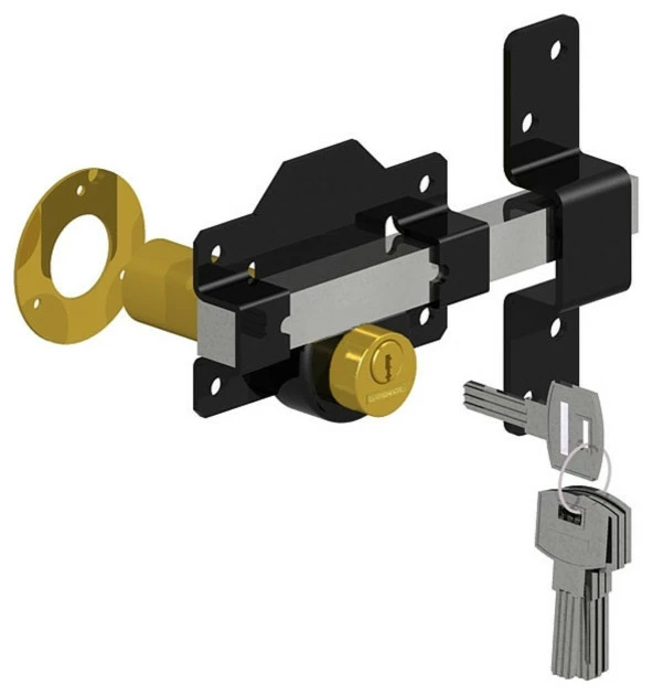 Gatemate Double Cylinder Rim Lock, Black/Stainless, 2", Double Cylinder 3 Gatemate Double Cylinder Rim Lock, Black/Stainless, 2", Double Cylinder